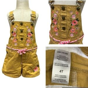 Mustard Cotton Embroidered Hot Pink Floral Details Tie Belt Short Overalls 4T